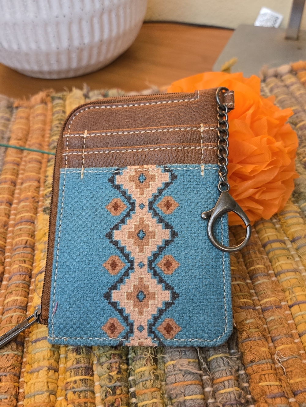 Wrangler Aztec Mini Turquoise Zip Card Wallet with Brown Trim Western Core NWOT